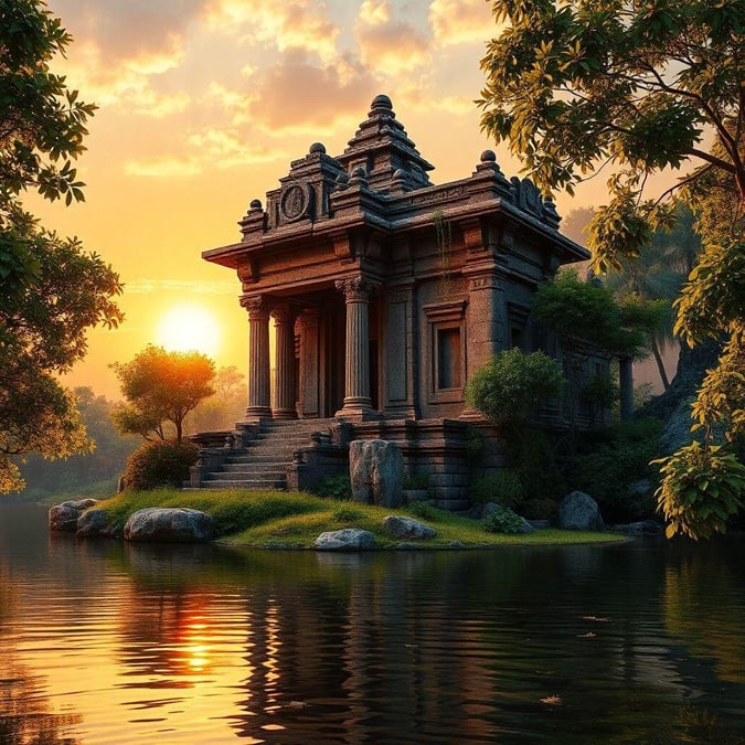 A majestic ancient temple bathed in the warm glow of a setting sun, nestled amidst tranquil water and lush greenery.