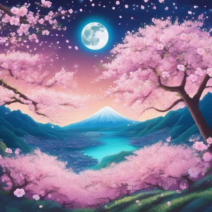 A tranquil scene under a full moon, where cherry blossoms bloom in their finest hues against the backdrop of an enchanting landscape.