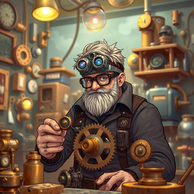 Detta intrikata digitala konstverk skildrar en steampunk-inspirerad uppfinnare mitt i skapandet av något extraordinärt. Karaktären, med sina goggles och verktyg, är omgiven av en vintage verkstad fylld med olika kugghjul och prylar. Den grunda skärpedjupet fokuserar på uppfinnarens händer, vilket antyder vikten av det fångade ögonblicket och betonar förväntan på den innovativa processen.