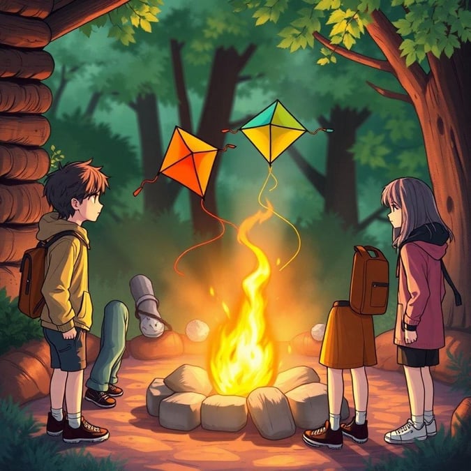 A peaceful scene of two children standing in front of a campfire, surrounded by trees and a wooden log wall, with two kites flying above the flames.