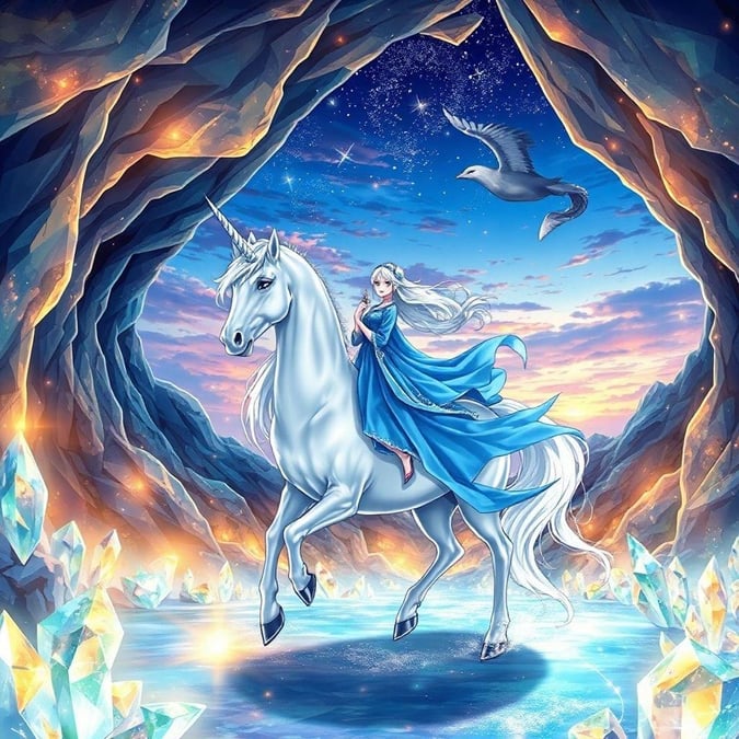 Get ready to be enchanted by this breathtaking anime wallpaper featuring a majestic white unicorn riding through a shimmering crystal cave. The unicorn, adorned in a beautiful blue dress, is the epitome of grace and elegance. The mysterious scene, with its warm glow and the mysterious sky, is a testament to the artist's skill and imagination.