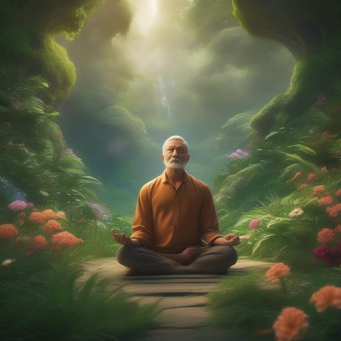 This tranquil scene depicts an older man sitting in meditation, surrounded by nature on a Father's Day theme.