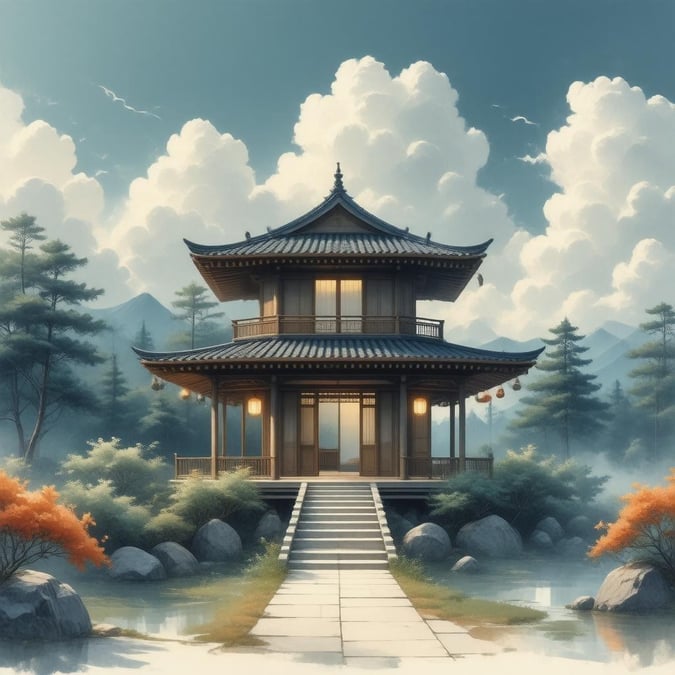 Immerse yourself in the tranquil beauty of an anime-inspired tea house, nestled among wispy clouds, capturing a serene moment in nature.