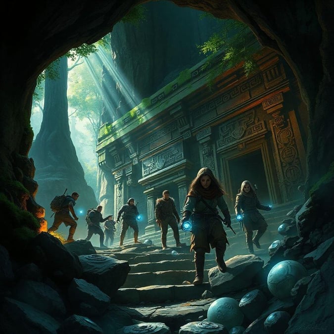 A group of adventurers, braving treacherous paths in search of a legendary treasure or knowledge, discover an ancient temple hidden within the depths of a mystical forest. The image captures their excitement and the allure of the unknown.