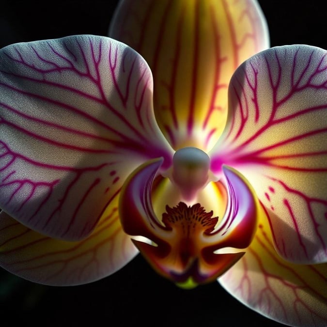 Captivating purple and pink orchid flower with delicate petals, blooming against a stark black background.