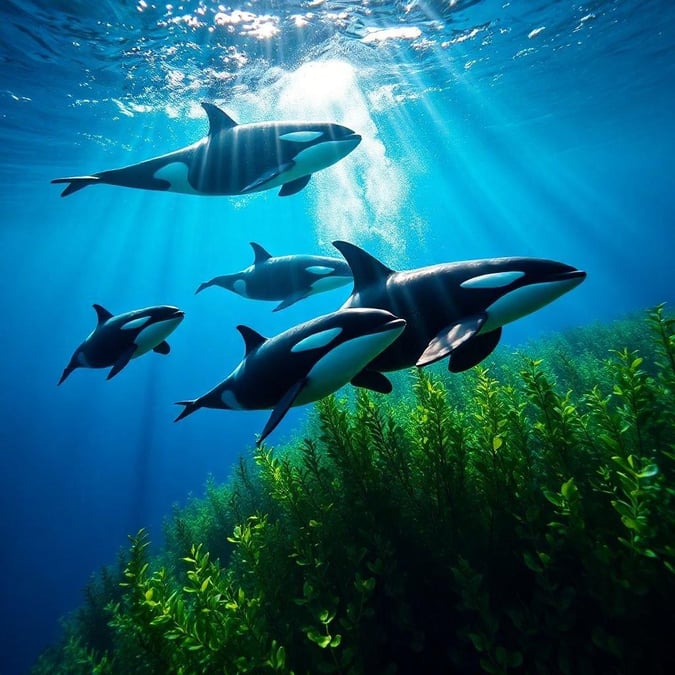 A group of five orca whales, including three adults and two juveniles, are swimming in the deep blue ocean waters. Their sleek black bodies with white markings contrast beautifully against the crystal clear water. In the background, the sun filters through the depths, creating a stunning underwater scene. These majestic creatures seem at ease in their natural habitat.