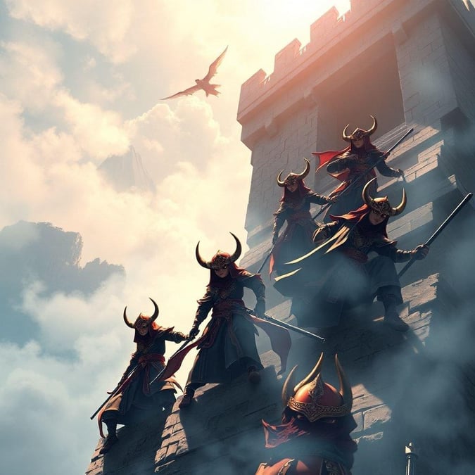 Get ready to be amazed by this stunning anime wallpaper featuring a team of skilled ninja warriors scaling a majestic mountain fortress. With intricate details on their horns and attire, this image is a must-have for any anime fan.