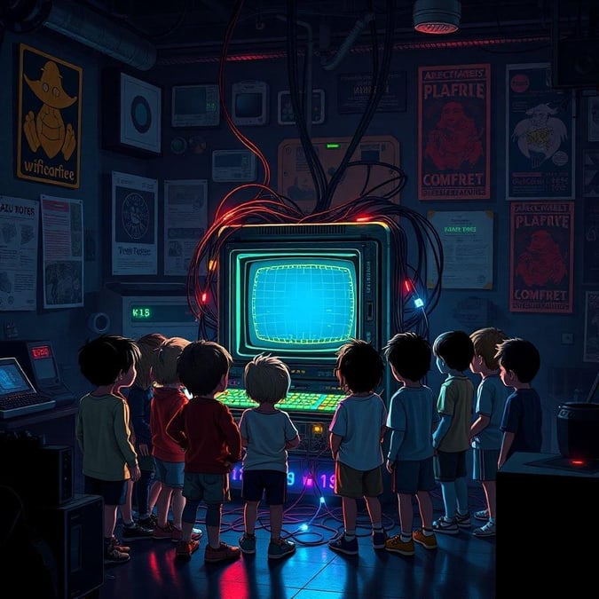 A nostalgic scene of children huddled around an old-fashioned television set, waiting for the next big episode or movie to begin.