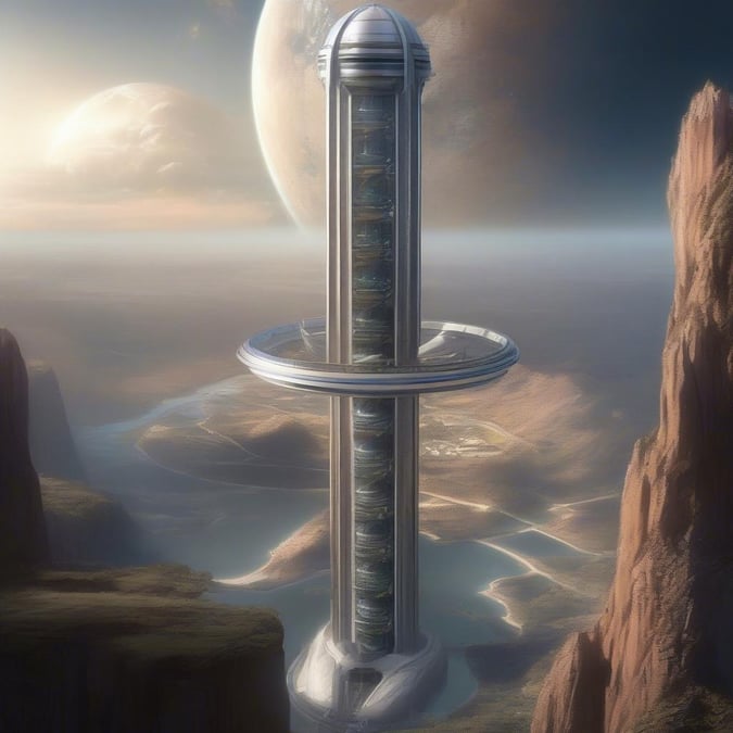 An intriguing tower stands tall on a distant planet, surrounded by the vastness of space. This futuristic edifice is part of an advanced civilization's quest to explore and understand the universe.