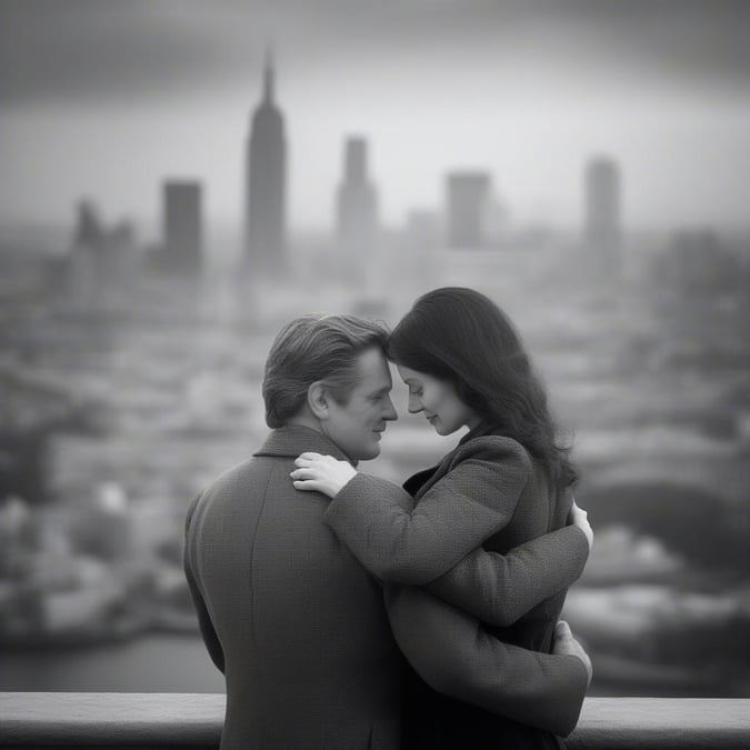 A romantic moment between two people in a beautiful cityscape.