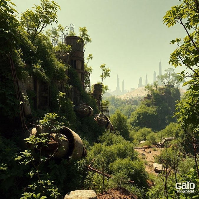 This image captures an abandoned city, now overrun by nature. The once grand structures are now home to lush greenery, with the towering domes of St. Sophia standing as a testament to the past. This scene is from the movie 'Mad Max: Fury Road'.