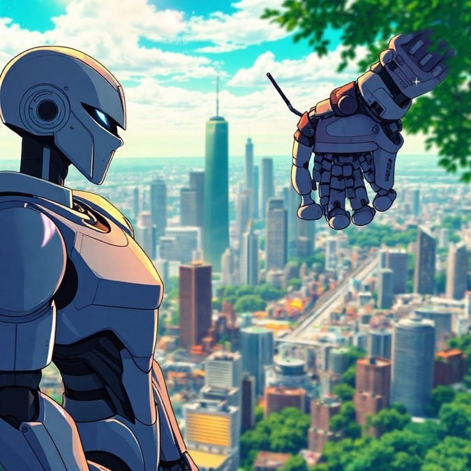 A vibrant anime illustration of a cityscape with a bustling metropolis, featuring a robot, a humanoid figure, and a robot with a human hand. The scene captures a moment of stillness and motion.