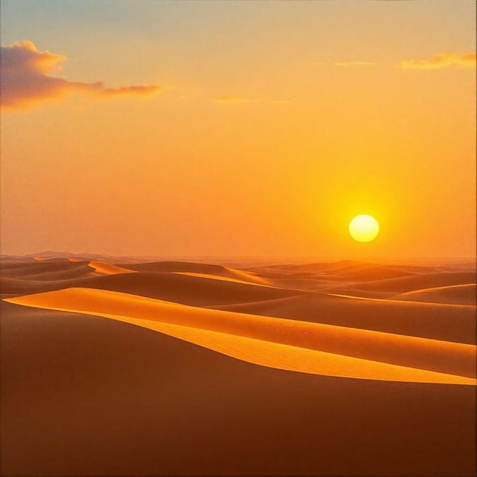 Capture the serene beauty of the sunset over the desert, a peaceful view perfect for celebrating Ramadan or Eid.