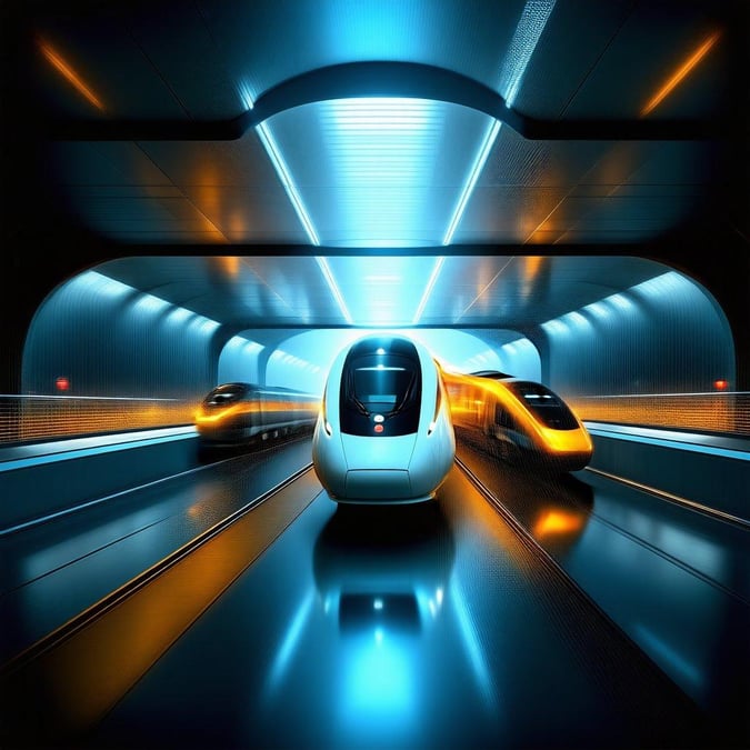 Vibrant depiction of sleek, high-tech trains racing through tunnels, symbolizing modern urban transportation.