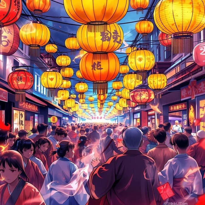 Immerse yourself in a colorful, bustling anime street scene, complete with vibrant lanterns and traditional attire.