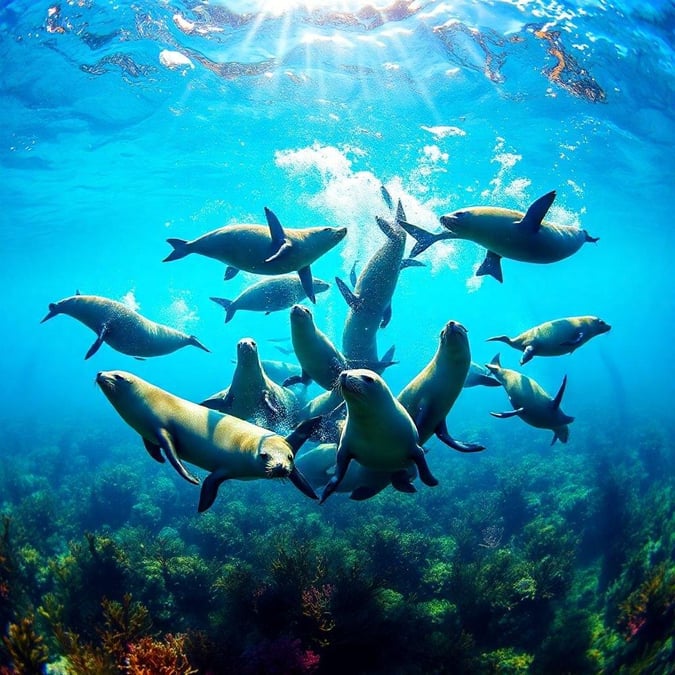 A diver among joyous dolphins leaping in the sunlit sea. A captivating oceanic scene that could be a part of any nature lover's wallpaper collection.