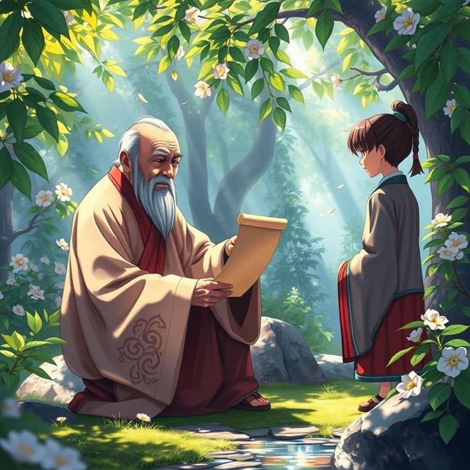 A young student seeks wisdom from an ancient sage in this serene scene set among the beauty of nature.