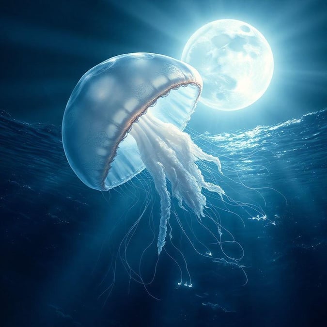 Discover the magical world beneath the waves as you swim with jellyfish amidst the luminescence of the moon, all under the watchful glow of a full moon.