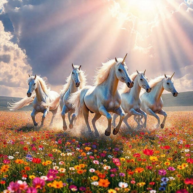 A group of unicorns in motion, creating a trail of magic through the field. This image is perfect for those who love fantasy characters and serene landscapes.