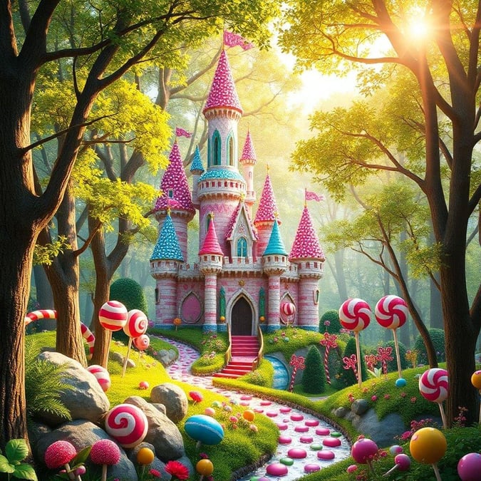 A magical scene with a whimsical castle, lush trees, and a rainbow-colored road leading to the fairy tale land.