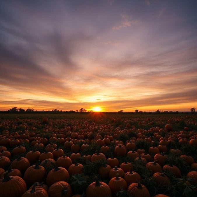 Autumn scene with vibrant pumpkins illuminated by the last rays of sunlight, symbolizing Halloween's harvest and warmth.