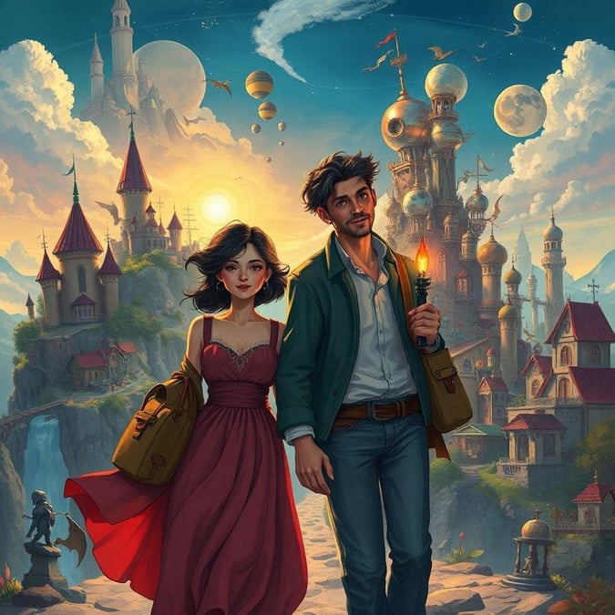 A couple celebrates their love amidst a fantastical landscape, standing before a castle of dreams.