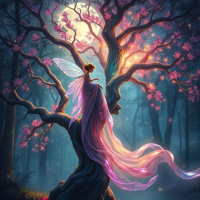 Enter the mystical realm of a fairy queen, surrounded by the elegance of cherry blossom trees under a captivating full moon. This enchanted wallpaper brings a touch of magic to any desktop.