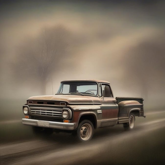 Embark on a journey through the countryside with this classic truck. The worn paint tells tales of miles traveled under clear skies and starry nights.