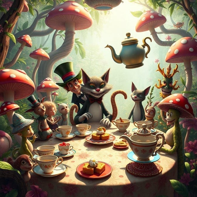 A whimsical gathering of favorite cartoon characters enjoying tea time in a magical forest setting with mushrooms and flowers.