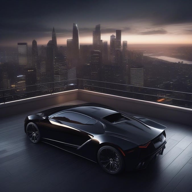 A sleek black sports car parked on a balcony overlooking the city skyline, exuding luxury and elegance.