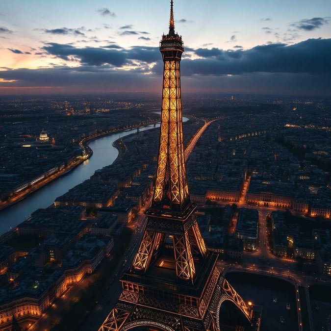 A serene view of the Paris skyline at dusk, with the iconic Eiffel Tower as the focal point.