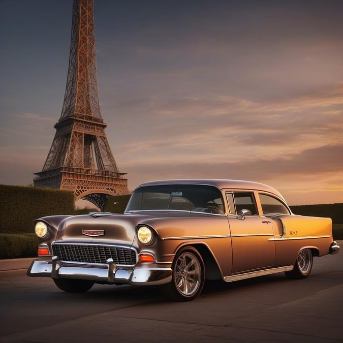 A beautiful vintage car parked in front of the Eiffel Tower, capturing the essence of Parisian charm.