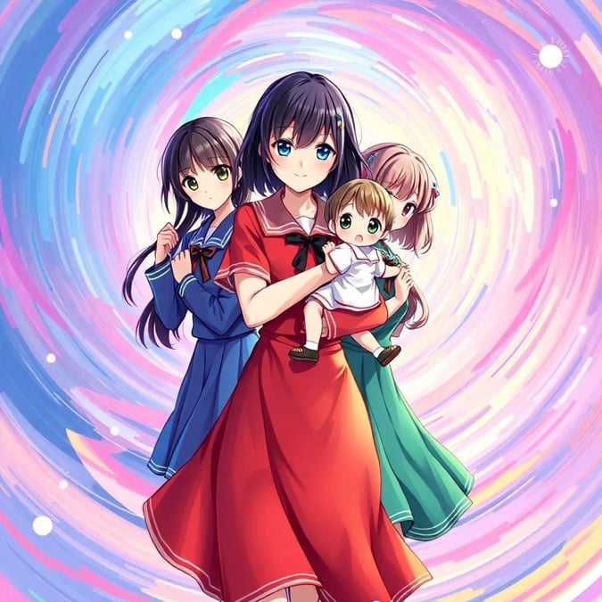 This vibrant wallpaper features a group of schoolgirls in colorful uniforms, set against a dynamic swirling vortex of colors. The central figure, a woman in a red dress, holds a child in her arms, while the other two are positioned behind her, creating an anime-like image. The background is a swirling vortex of blues, purples, and pinks, enhancing the sense of movement and energy.