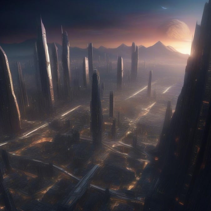 Immerse yourself in the breathtaking beauty of this sci-fi landscape, where towering skyscrapers and sleek architecture blend seamlessly with the vast expanse of the cosmos.