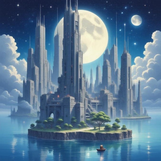 An anime-inspired illustration of a grand futuristic city under a starlit sky, featuring intricate architecture and towering skyscrapers. A small boat in the foreground adds a sense of scale to the scene, while the floating island provides a unique perspective.