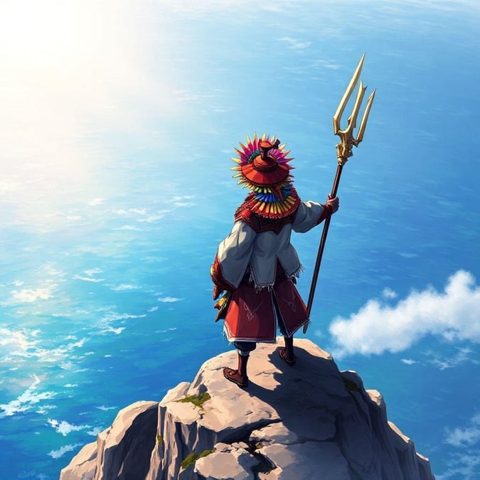 This stunning anime illustration captures a serene moment of a samurai standing on a cliff, gazing out at the vast ocean. The samurai's vibrant headdress and red hat are a striking feature, while the trident in its right hand adds a sense of power and strength. The ocean's reflection of the samurai's colors creates a breathtaking visual effect, drawing the viewer's eye to the horizon. The blurred background adds to the ethereal atmosphere, making this illustration a captivating piece of art.