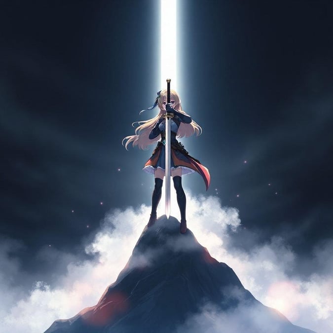 This captivating anime illustration depicts a young woman standing atop a misty mountain, her sword held high against the backdrop of a radiant light source. The scene exudes tranquility, with the figure's silhouette starkly contrasting the dark surroundings.