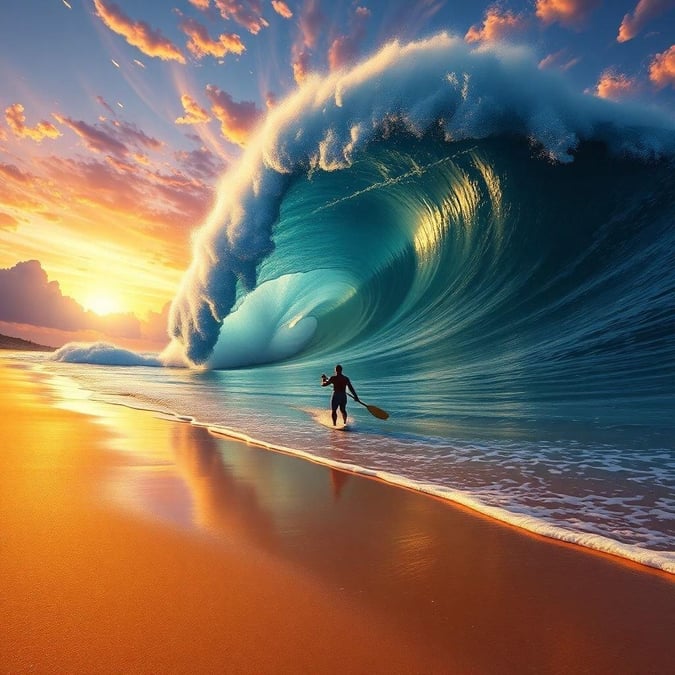 A surfer riding a wave as the sun sets, capturing the beauty of ocean sports and nature.