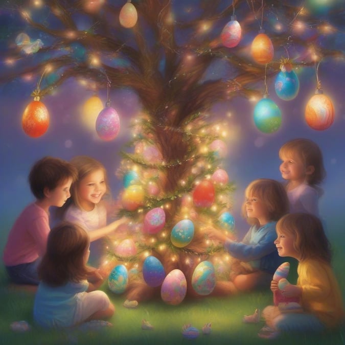 This festive scene captures the essence of Easter with children gathered around a tree decorated in brightly colored eggs, reflecting the spirit of the holiday.