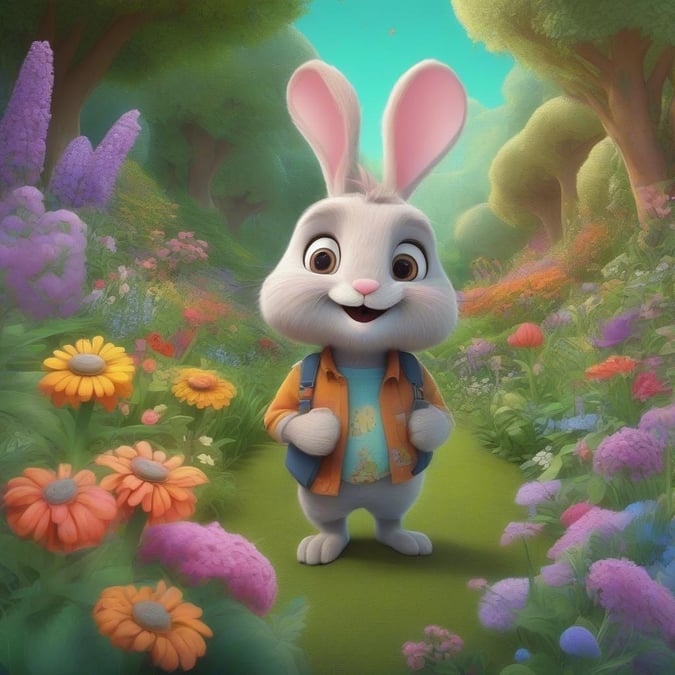 Join our little bunny on an enchanting trek through a magical garden filled with vibrant flowers and lush greenery. This delightful wallpaper captures the spirit of youthful exploration and the joy of nature.