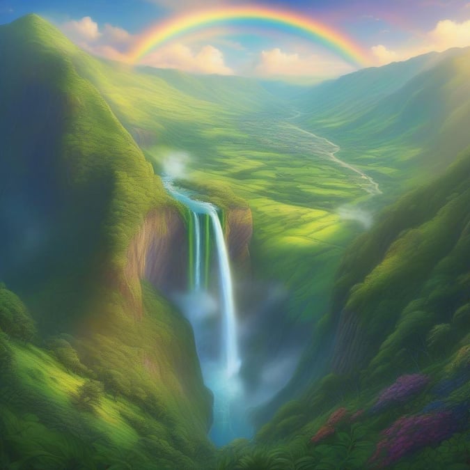 A breathtaking view of a waterfall nestled in the mountains, with a vibrant rainbow stretching across the sky.