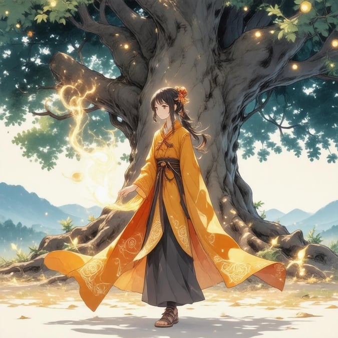 Questa affascinante illustrazione anime presenta una giovane ragazza con poteri magici che si trova di fronte a un enorme albero, il suo vibrante abito arancione e giallo adornato con intricati motivi.