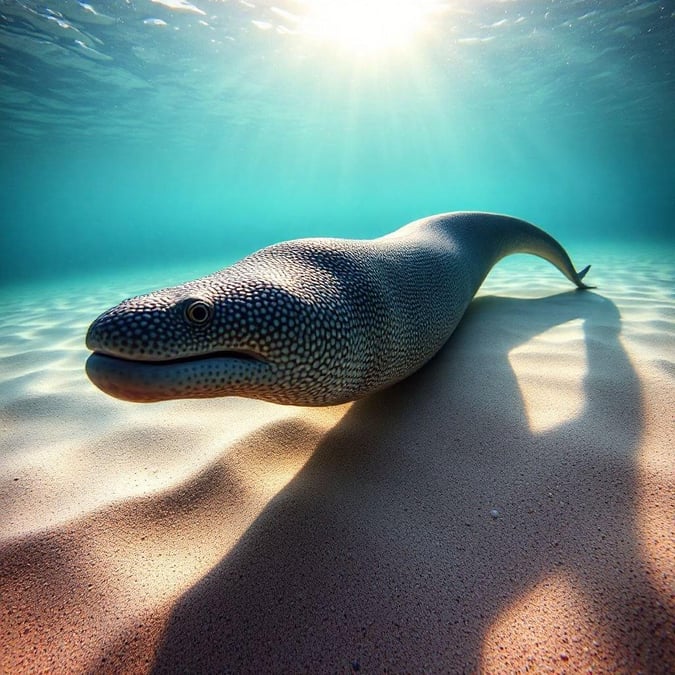 Enjoy an eye-catching view from the ocean floor with this captivating photograph of a manta ray swimming towards the surface.