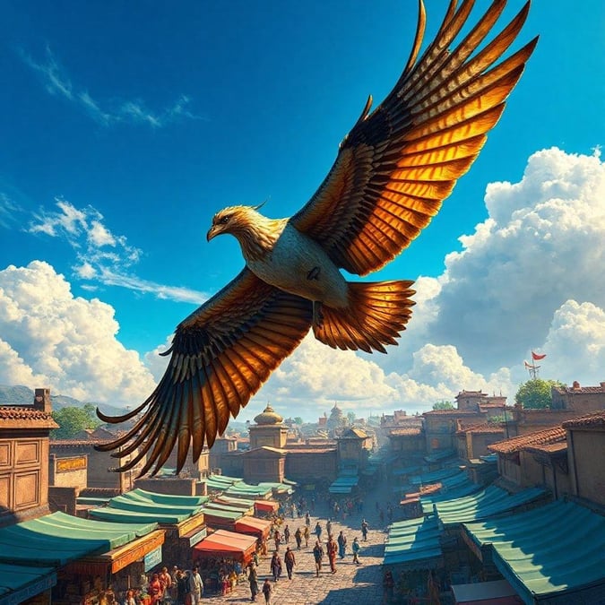 This breathtaking digital artwork captures an eagle in flight against a backdrop of a quaint European village. The eagle, with its golden feathers and sharp talons, soars through the sky as if it's the guardian of this ancient town.