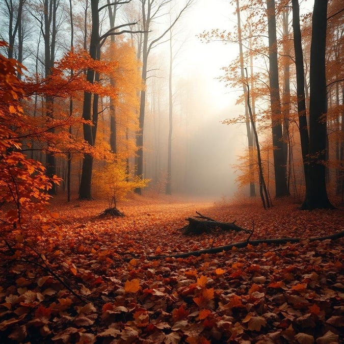 A serene autumn scene featuring a misty forest trail, with golden leaves covering the ground and trees. The sun shines brightly, casting light through the canopy.