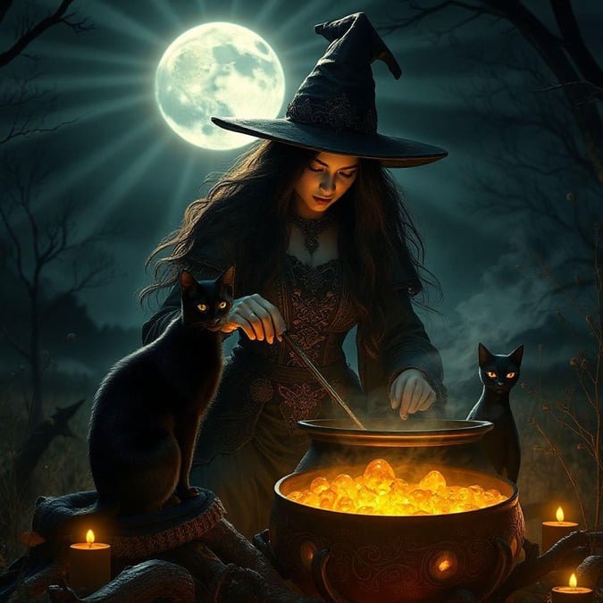 A witch brews a potion under the light of the full moon, surrounded by her feline companions.