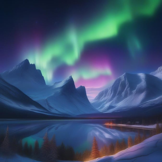 Experience the breathtaking view of the vibrant Aurora Borealis above the snow-capped mountains and a serene lake, perfect for wallpaper on your desktop or mobile device to inspire tranquility.