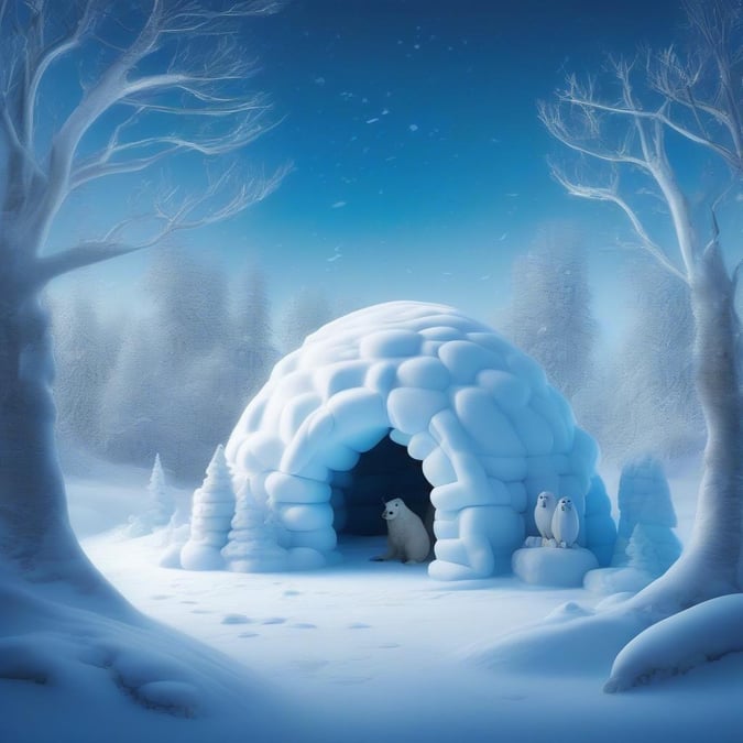 A cozy igloo decorated for Christmas, with snowy pine trees lining the path to its entrance. A polar bear peeks out curiously, while two Arctic foxes stand guard nearby.