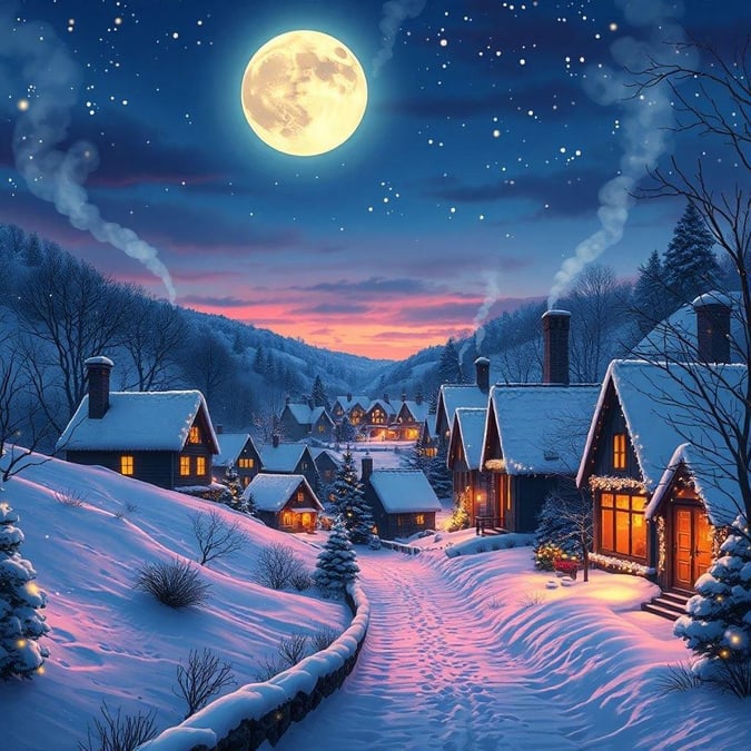 A cozy scene of festive lights, snow-covered rooftops, and the warmth of a full moon illuminating the snowy village at night.