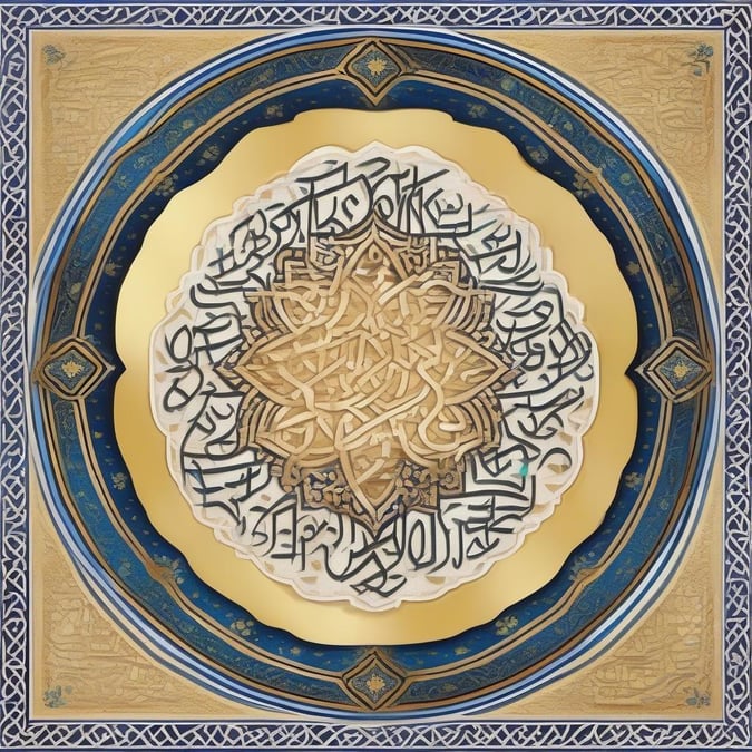 This intricate art piece is an exquisite representation of a traditional Ramadan lantern, featuring Arabic calligraphy at its center. The gold and blue color scheme, along with the detailed craftsmanship, makes it a perfect wallpaper for those celebrating Ramadan or simply appreciating Islamic art.